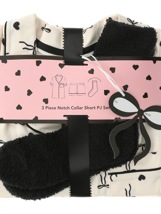 Accessories - 3-Piece Notch Collar Short PJ Set - Cream with Black Hearts & Bows
